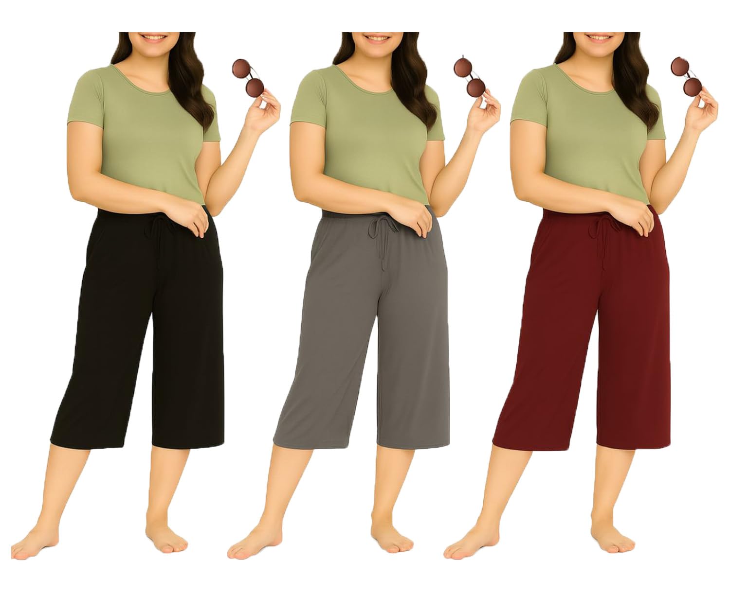 Womens Loosefit Capri, 3/4th Capri, Trousers For Girls (Combo Pack Of 3) Black, Grey, Marrone-image-44