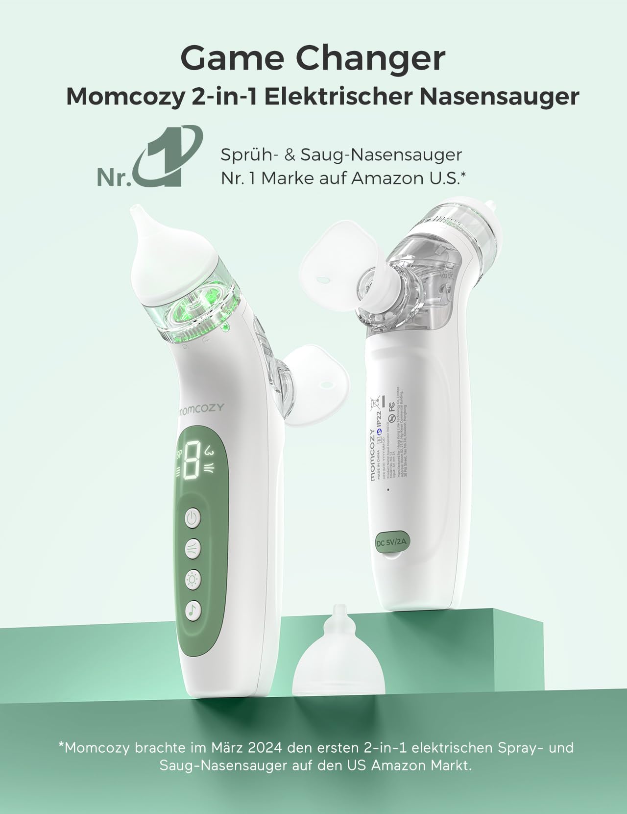 Momcozy BN007 BreezyClear 2-in-1 Nasensauger Baby, 4 einstellbare Stufen, leiser & tragbarer Nasensauger Baby mit beruhigendem Licht & Musik