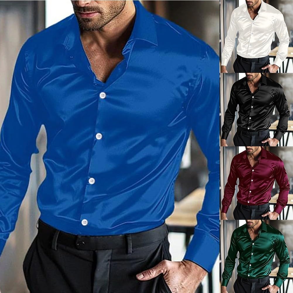 SPORTARC Camicia da uomo in raso di seta, a maniche lunghe, casual, per matrimoni, feste e discoteche