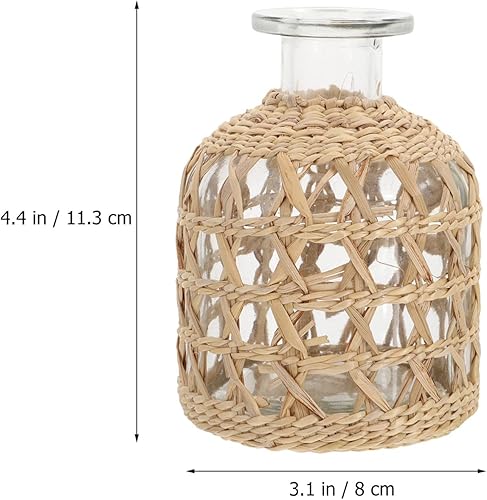Miniatura 3 de Housoutil 1 jarrón de mimbre de flores, jarrón redondo decorativo de vidrio con cubierta de ratán, recipiente de vidrio con pajita tejida para