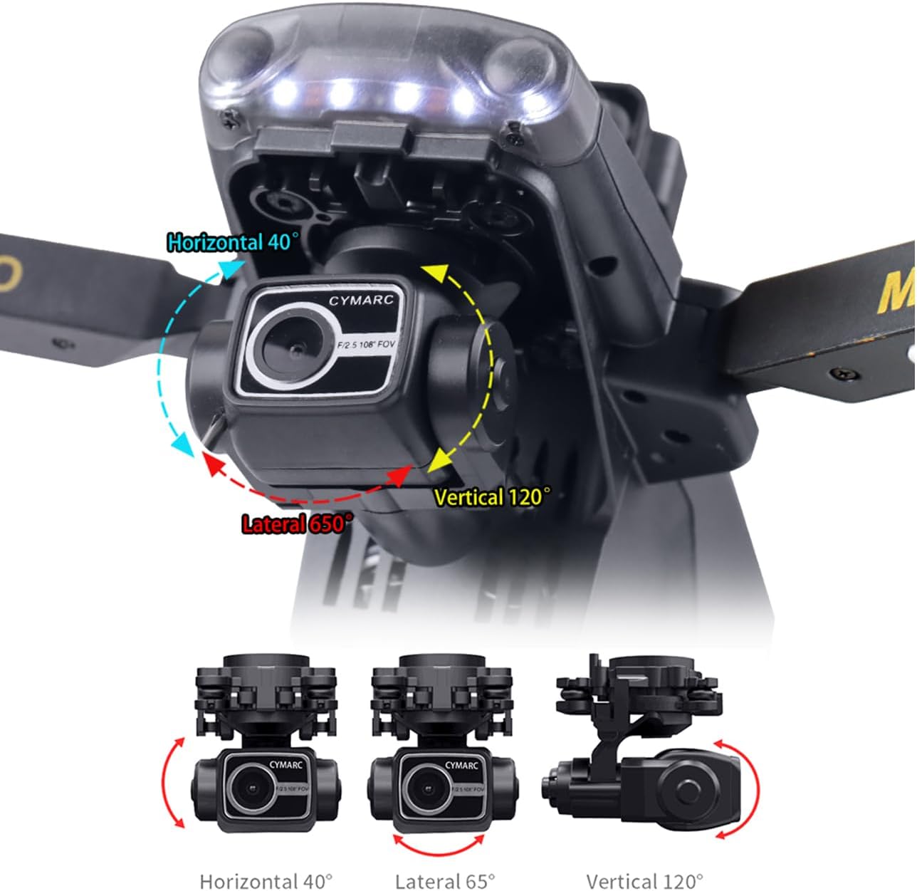Close-up of the ISPEKTRUM Vortex Q3 Mini 2 Drone's 3-axis gimbal camera, showing horizontal, lateral, and vertical adjustment capabilities