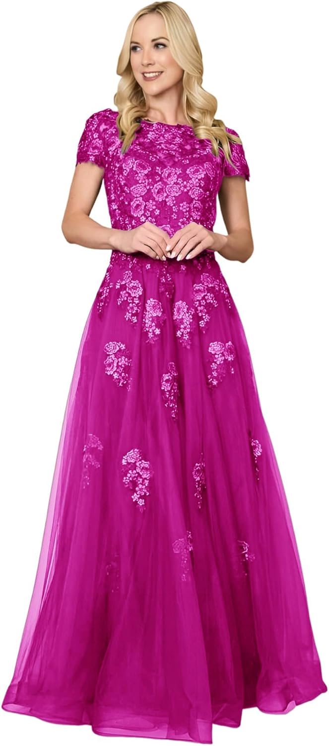 Lace Appliques Mother of The Bride Dresses Crew Neck A Line Short Sleeves Long Sequin Beaded Dress