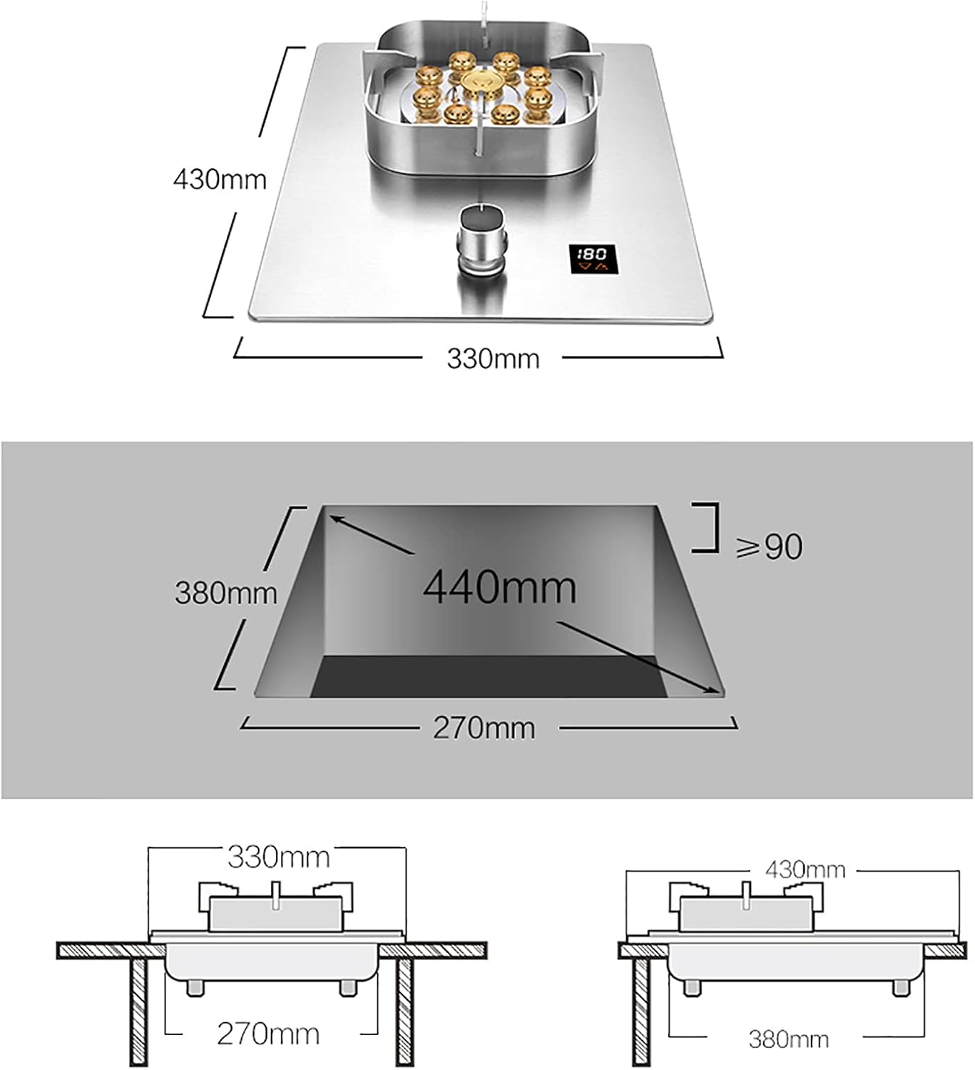 Burners Gas Hob Gas Stove 7.0KW Nine Cavity Fierce Fire Burner ，Stainless Steel Gas Table-Top Cooking Hob Cooker ，with Flame Failure Protection &Square Pot Holder，NG/LPG Convertible(B,LPG)