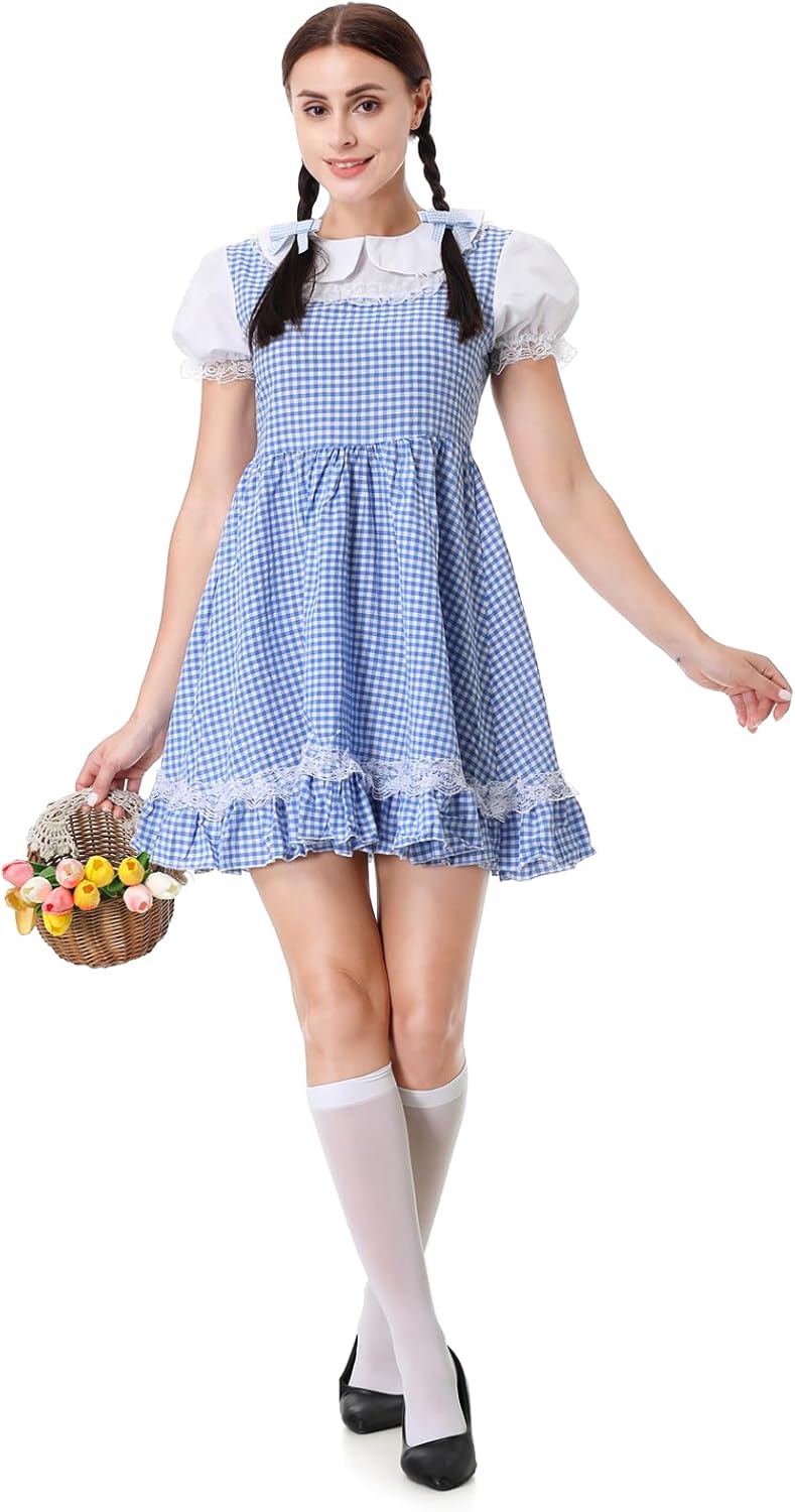 GRAJTCIN Womens Blue Gingham Costume Dress Country Kansas Farm Girl Halloween Themed Outfit with Hair Bows and Socks