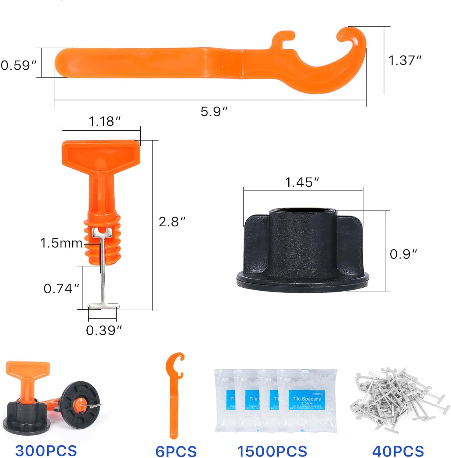 300pcs Tile Leveler Spacers and 1500PCS 3mm Tile Spacer, Reusable Tile Leveling System 1/16 Kit with 6pcs Special Wrench and 40pcs Steel Pins for Wall/Floor Tile Installation (300, 1/8)