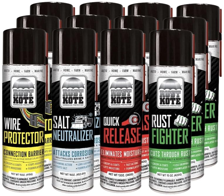 12 Pack - RustKote - Mixed Case of Aerosol cans - 3 Rust Fighter (15oz), 3 Salt Neutralizer (16oz), 3 Quick Release (12oz), 3 Wire Protector (15oz). Corrosion Protection Products