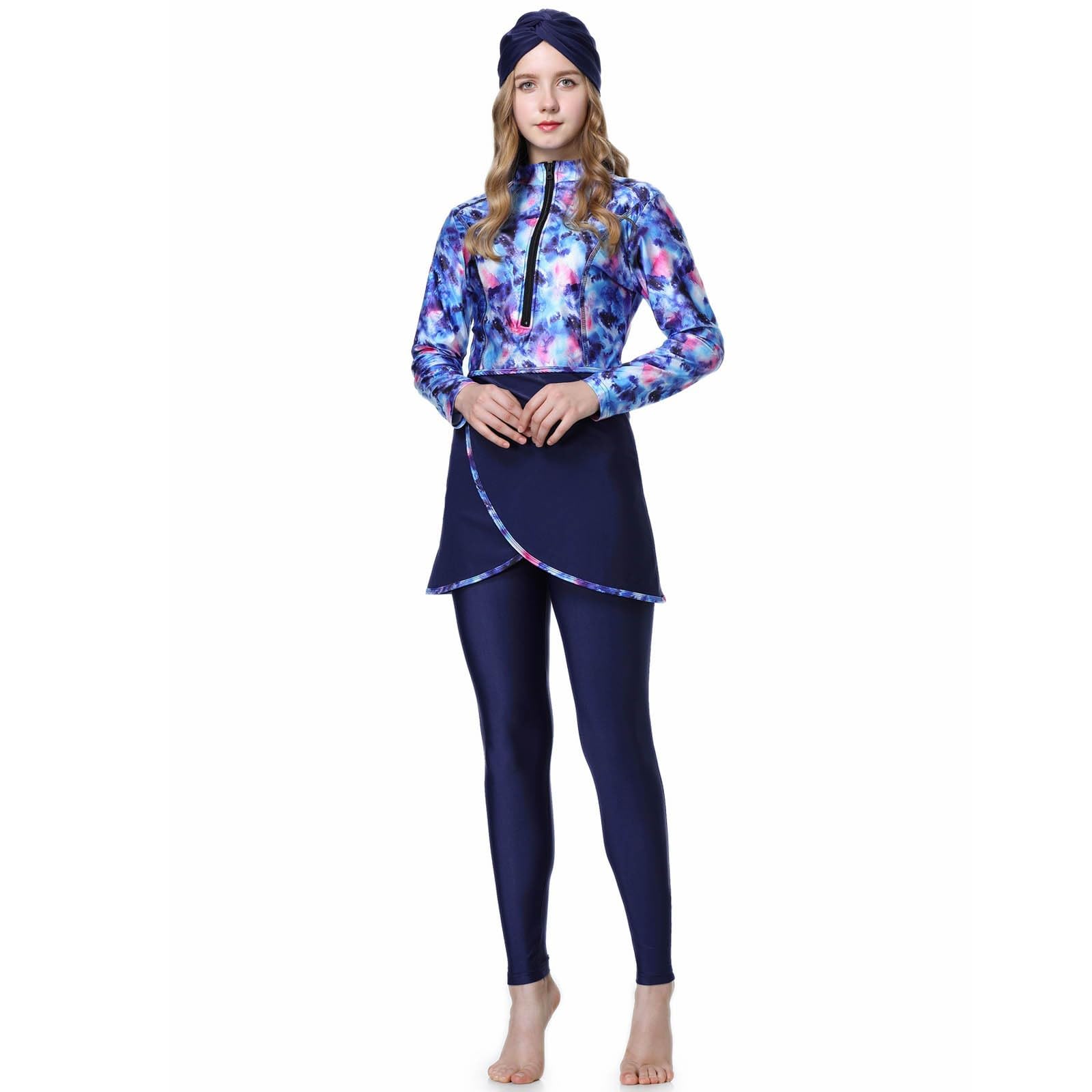 Generisch Conjunto de traje de baño para mujer, camiseta de manga larga y pantalón con gorro de natación de cobertura completa, ropa de playa para nadar al aire libre, surf, buceo, actividades de