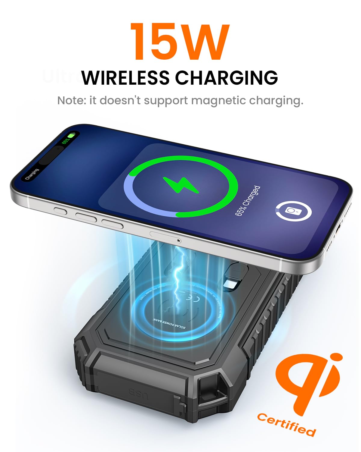 Caricabatterie Solare Power Bank 27000mah, Riapow 22,5W Caricatore Portatile Wireless con 2 Cavi Incorporati & Torce, Uscita USB C PD QC 3.0 Batteria Esterna per Telefono e Tablet (Nero)