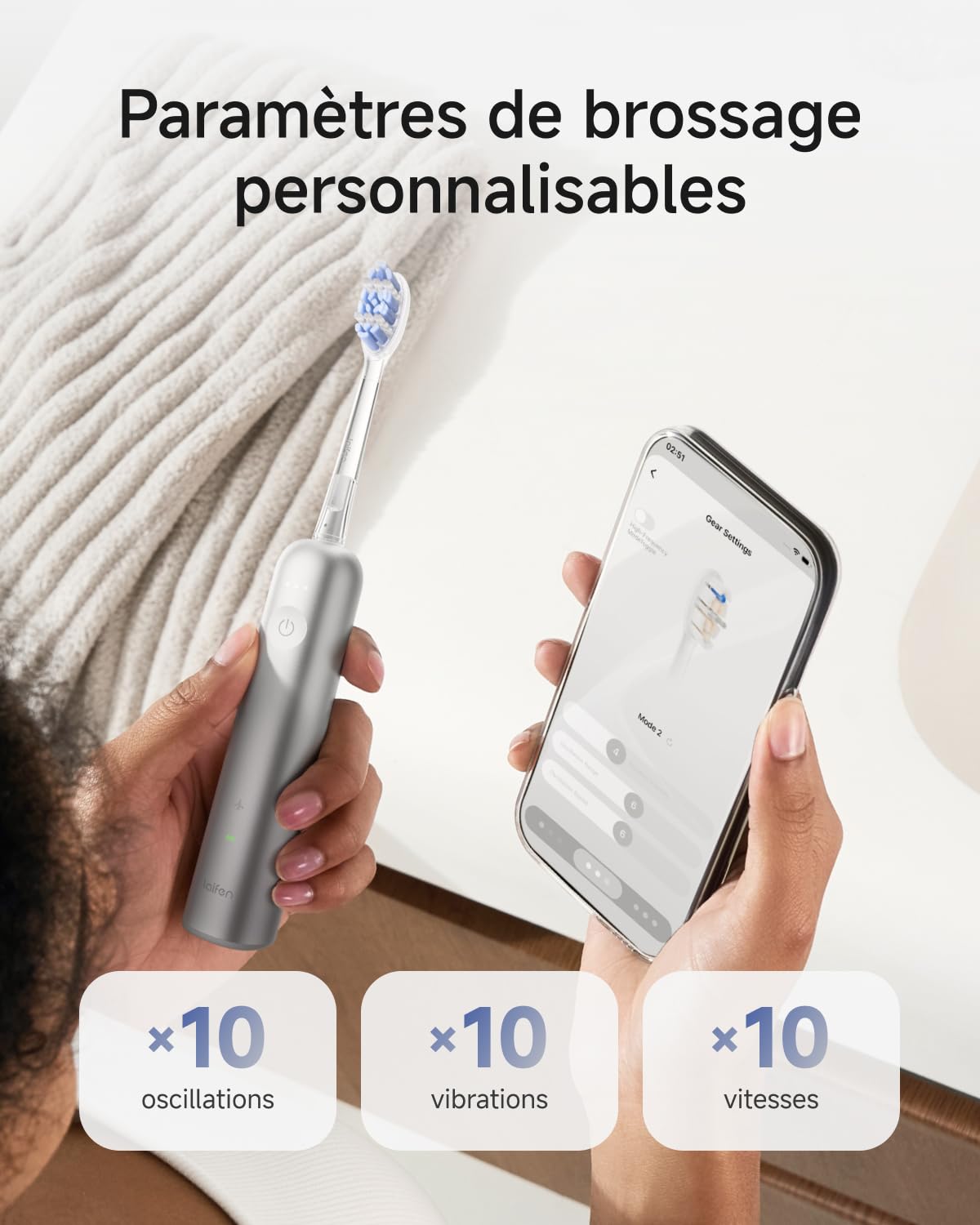 Laifen Wave Pro Brosse À Dents Électrique Technologie WaveMotion, 60° Oscillation 66 000 VPM, 70 Jours d'Autonomie, Capteur de Pression, Charge Sans Fil avec 2 Têtes Pro (Alliage d'aluminium Argenté)