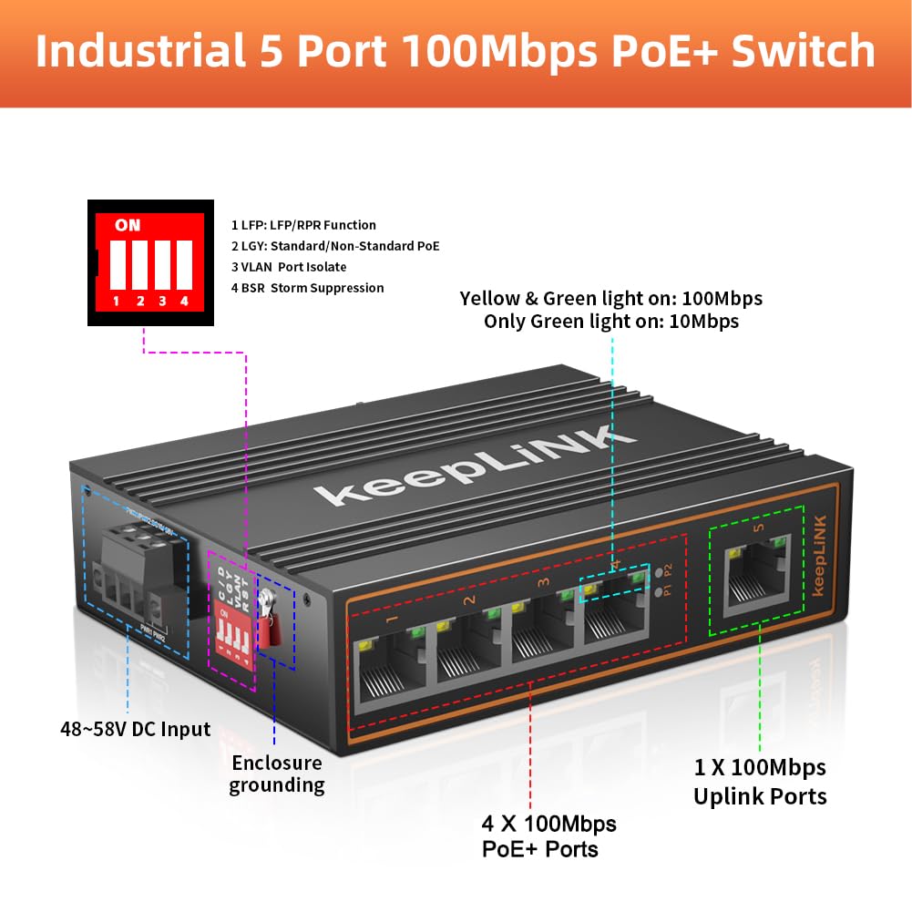 Poe Switch für unmanagtes industrielles Netzwerk mit 5 Ports, 125 W Fast Ethernet DIN-Schienenswitch, Betriebstemperaturbereich IP40 von -30° bis 75°C (-22° bis 167°F)