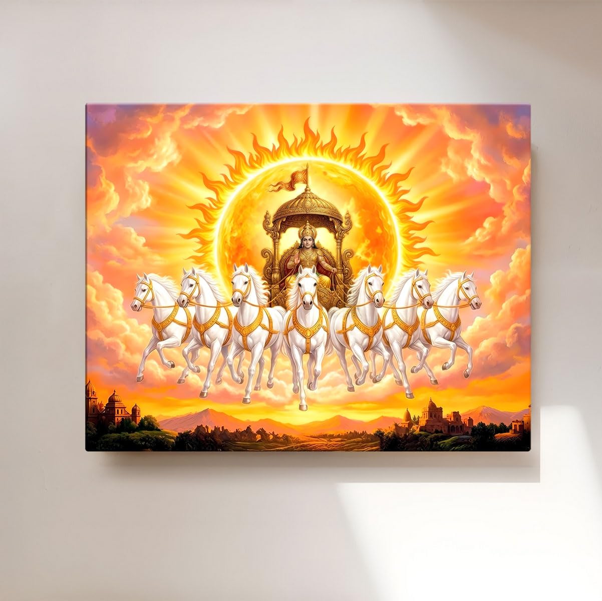 ArtX Canvas Surya Dev With 7 Horses Painting Vastu Frame Wall Art Painting, White Running Horses With Rising Sun, Wall Decor, Multicolor, Nature, 58.0 X 45.0 cm, Set of 1-image-2