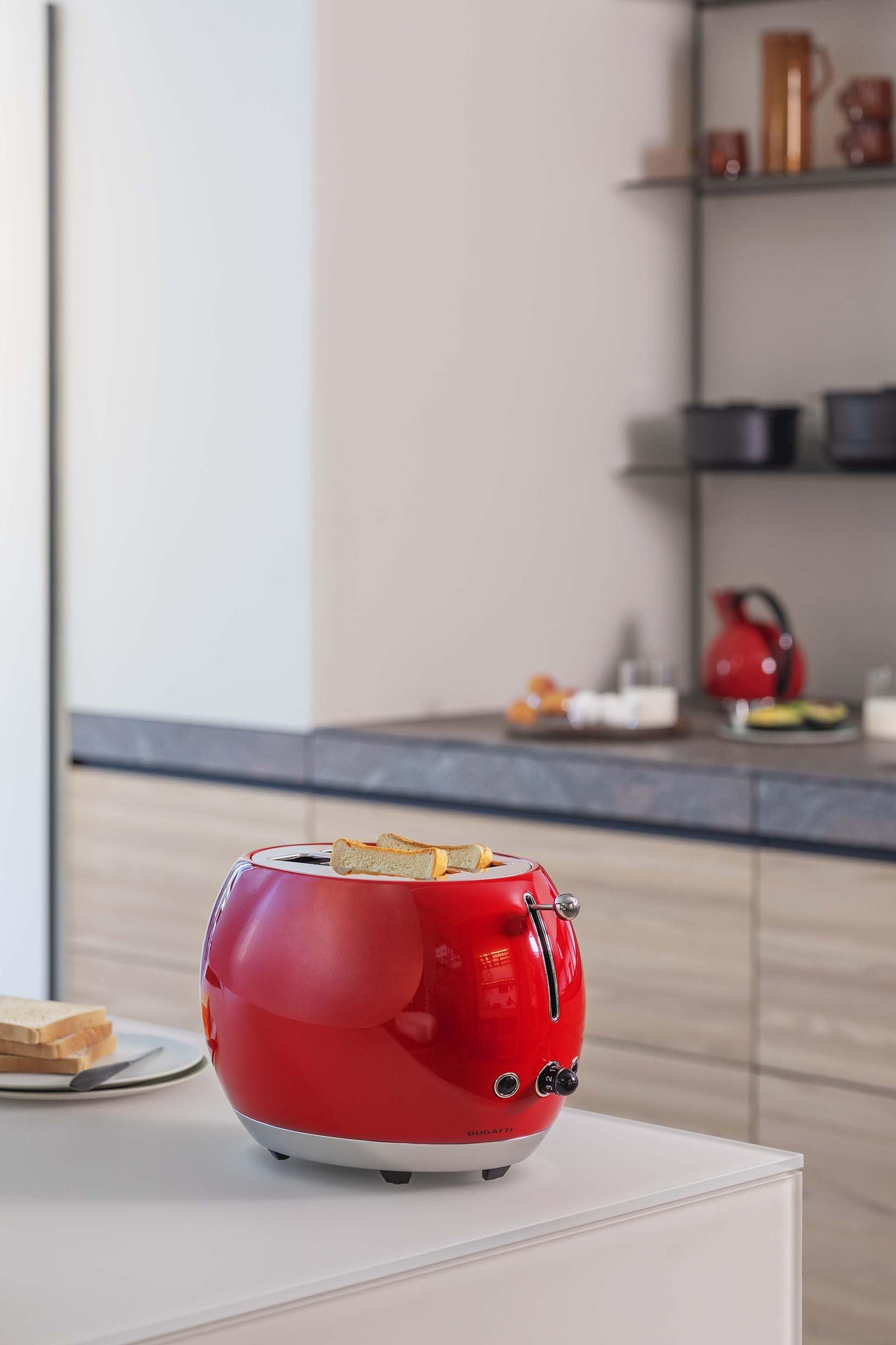 BUGATTI Romeo, Tostapane di Design Multifunzione in Acciaio Inox, 7 Livelli di Tostatura, 4 Funzioni, Pinze non Incluse, 870-1035 W, Colore Rosso