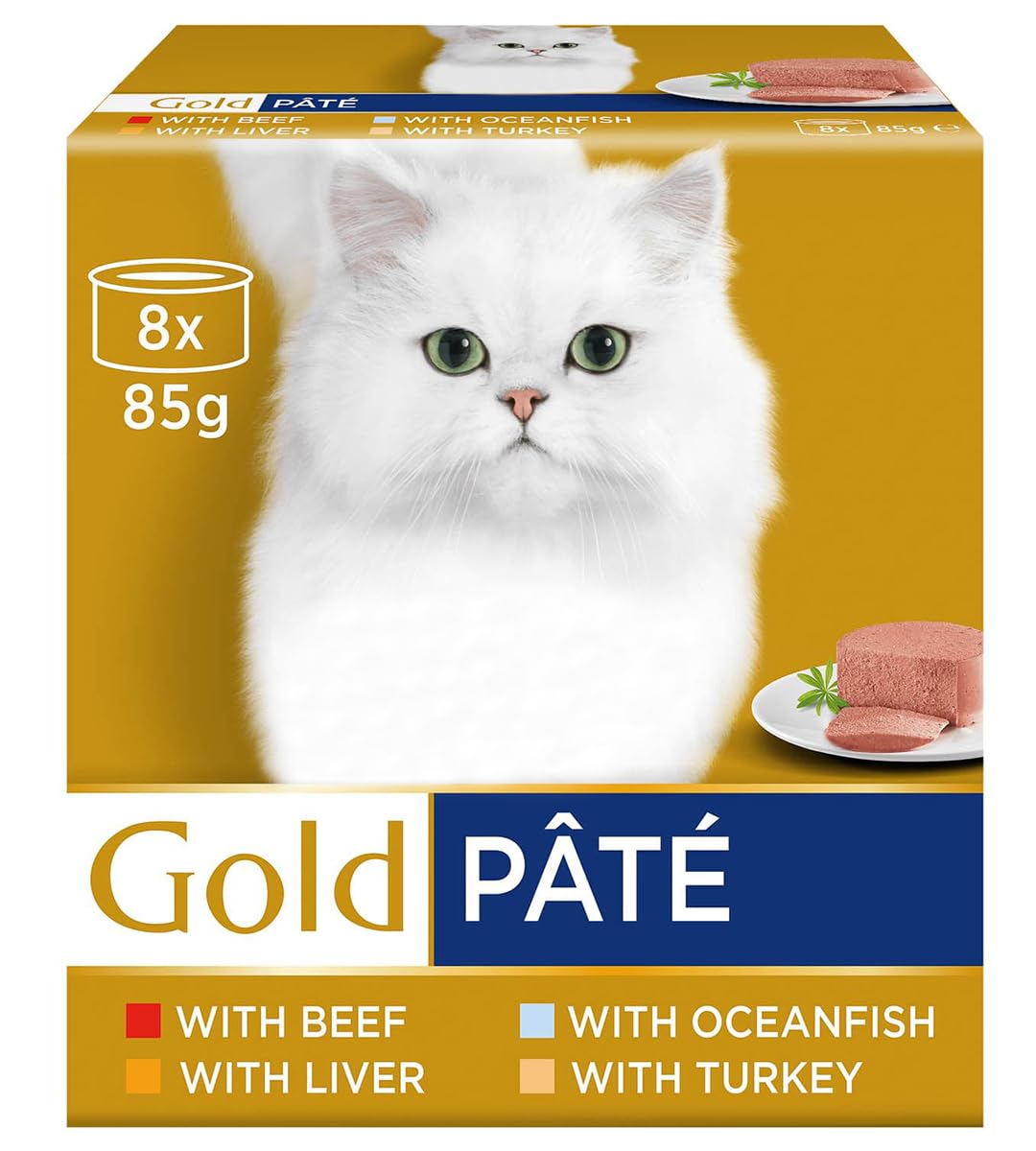 Fizporium Gold Pate Variety Pack, Cat Food Delight for Your Cat Irresistible Flavors, Balanced Nutrition for All Life Stages Pouches Including Beef, Liver. Oceanfish and Turkey 8 X 85g