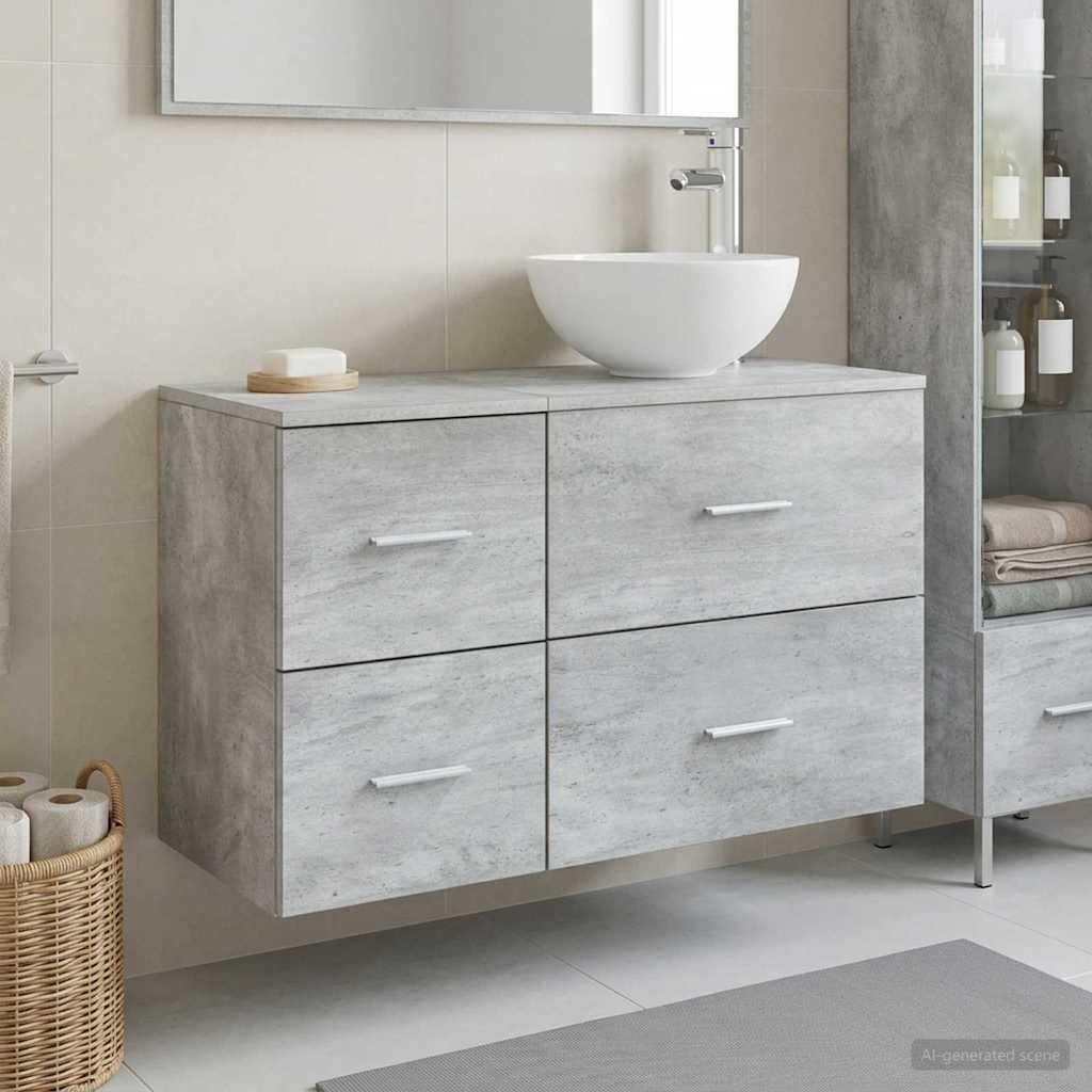 Hothingwell Zestaw mebli łazienkowych 2 szt. Szary Beton 49,5x35x80 cm | Solidne drewno inżynieryjne, przestronne przechowywanie, umywalka pozycjonowana, 2 wiertła w zestawie