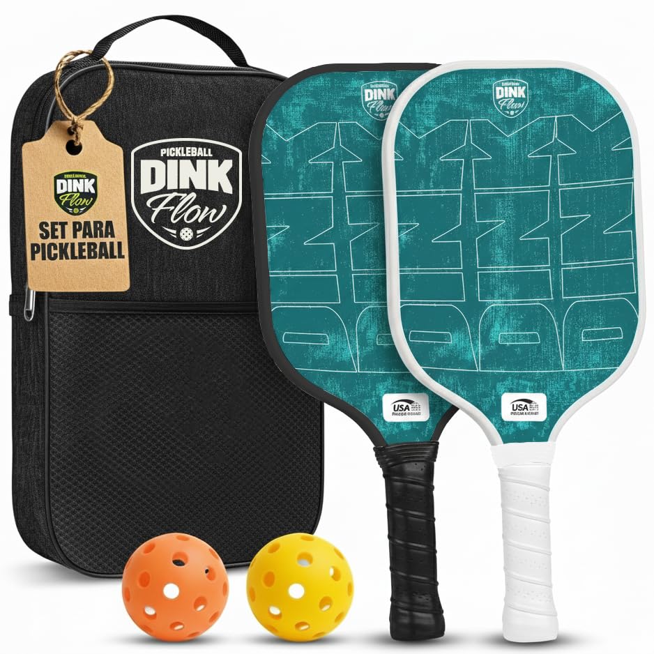 PICKLEBALL DINK FLOW - Set de Palas Pickleball Profesionales con 2 Raquetas de Fibra de Carbono, 4 Pelotas y Bolsa, Pala Pickleball Ideal para Interior y Exterior