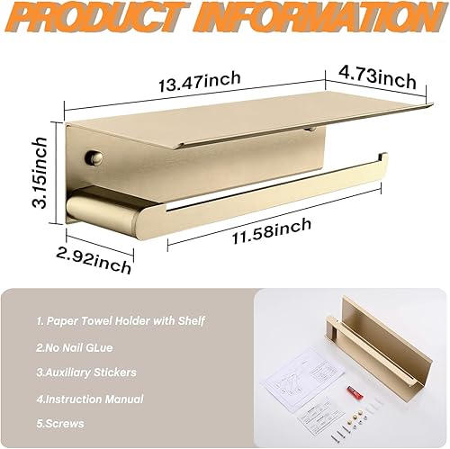 Miniatura 4 de Soporte de pared para toallas de papel para cocina, soporte autoadhesivo para toallas de papel con estante para baño, aluminio antioxidante, sin