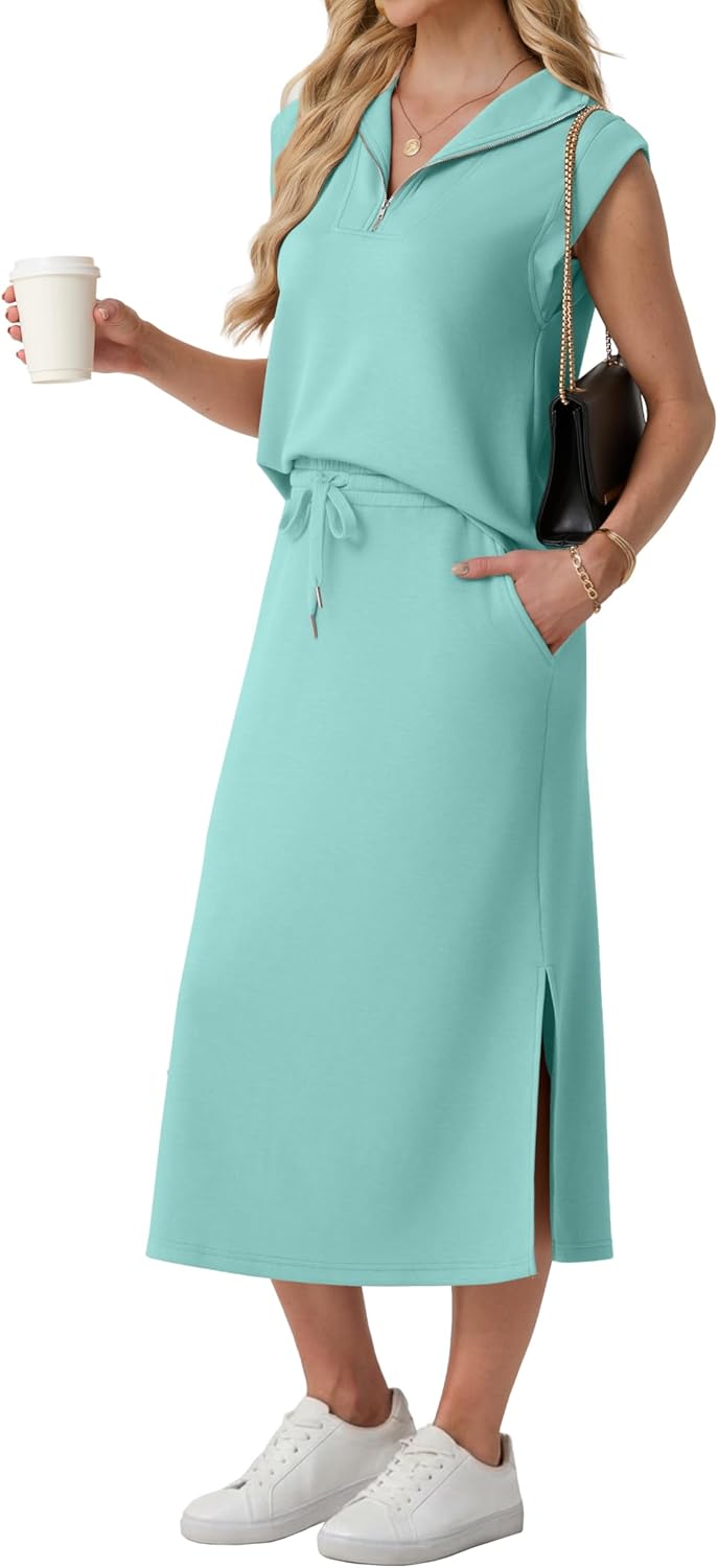 Lepunuo Women Skirt Sets 2 Piece Outfits Casual Half Zip Lapel Cap Sleeve Tops Split Maxi Skirt Airport Travel Outfits