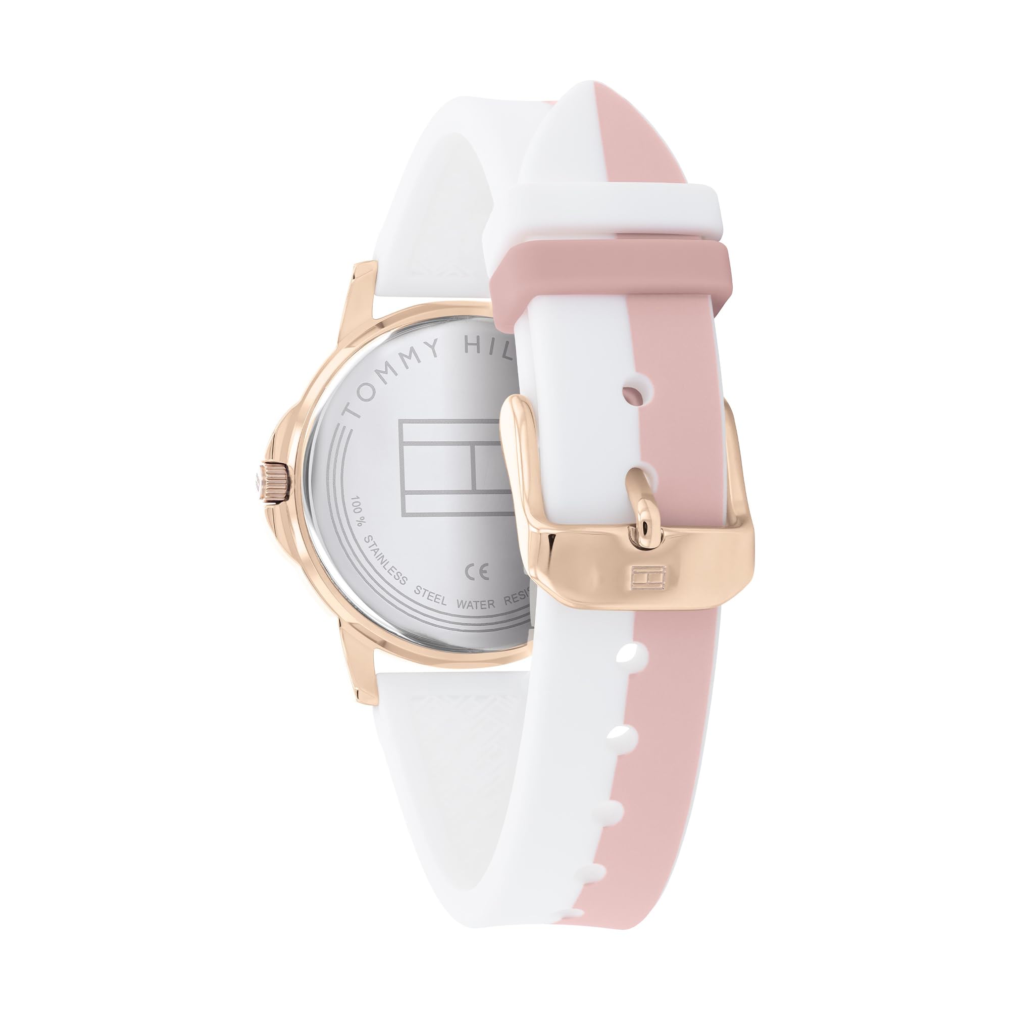 Tommy Hilfiger Reloj para Niña con Esfera Plateada, Correa de Silicona Blanca y Rosa, Caja de Oro Rosa de 32mm, Movimiento de Cuarzo de 3 Manecillas, Resistente al Agua 3 ATM - 1720015