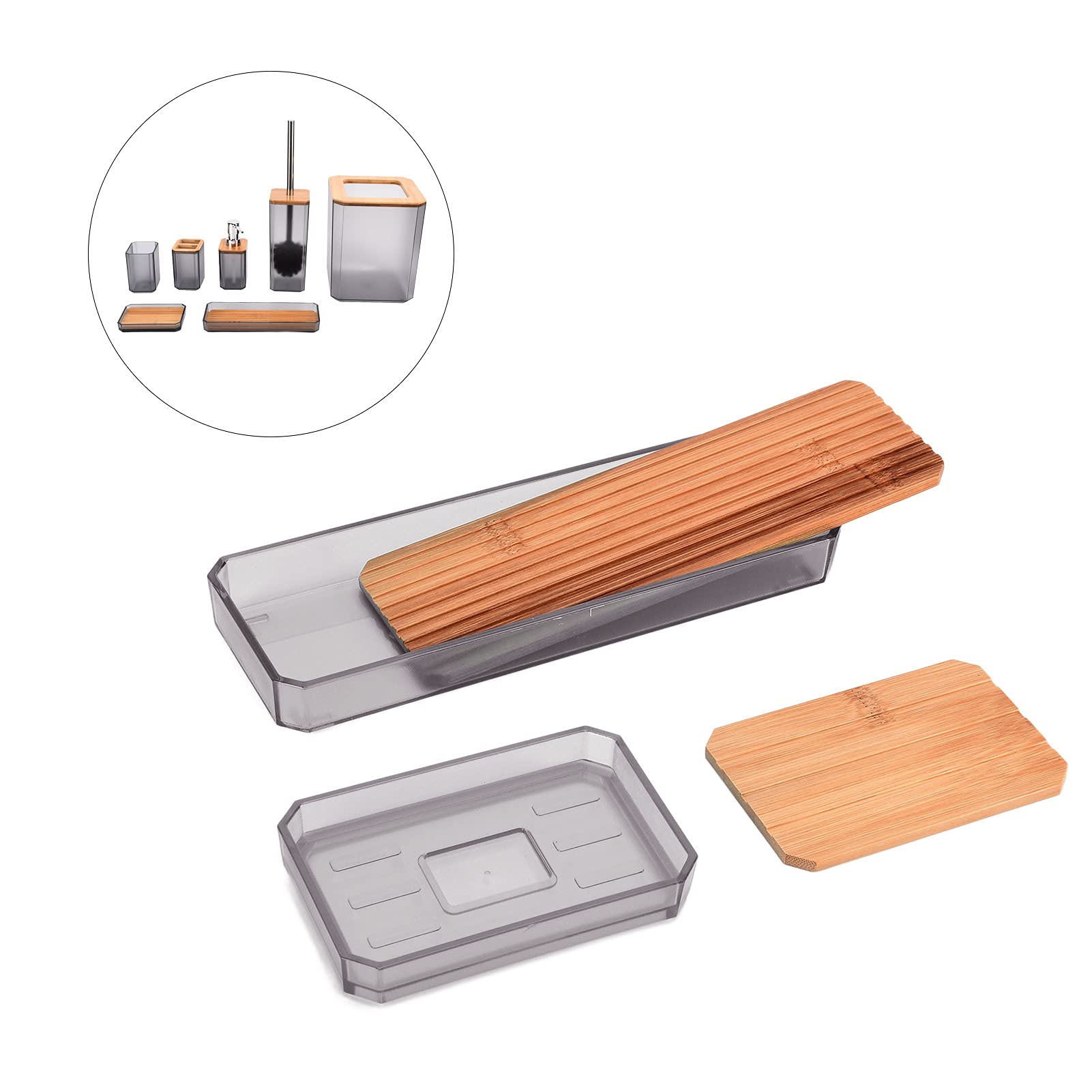 Cocoarm Juego de Accesorios de Baño de bambú, Juego de Baño de 7 Piezas con Caja de ABS, Soporte para Cepillo de Dientes, Escobilla de, Bandeja para Bote de Basura para el Hogar, Hotel, (Gray)