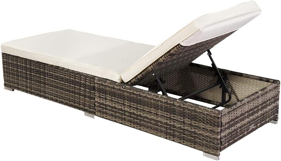 Patio Chaise Lounge Chair, (76.4 X 27.5 X12.5) Outdoor Wicker Rattan Daybed Adjustable Pool Furniture Chair with Cushions Beach Lounge Chair Sun Lounger for Outside (Off-White)