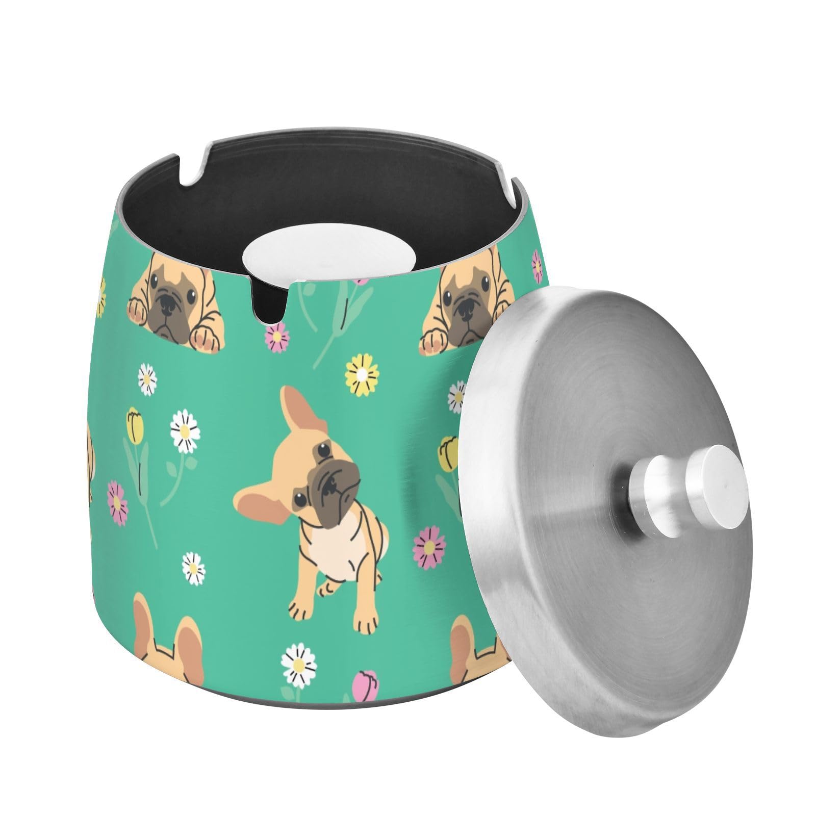 Cute Brown French Bulldog Floral Ashtray with Lid, Windproof Cigarette Ash Tray for Outdoor Indoor, Stainless Steel Ashtray for Home Office Balcony