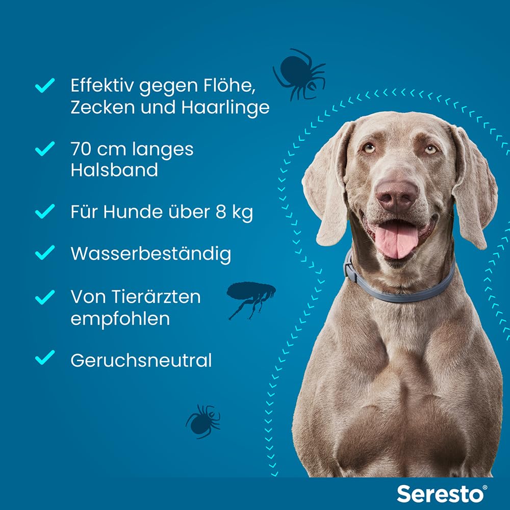 Elanco Seresto® Halsband für große Hunde ab 8 kg: 7 bis 8 Monate wirksamer Schutz gegen Zecken und Flöhe, Länge 70 cm, 4,50 g + 2,03 g | Zuverlässiger Schutz gegen Flöhe und Zecken. Geruchsneutrales Halsband für große Hunde. Wehrt Parasiten vor dem Stich