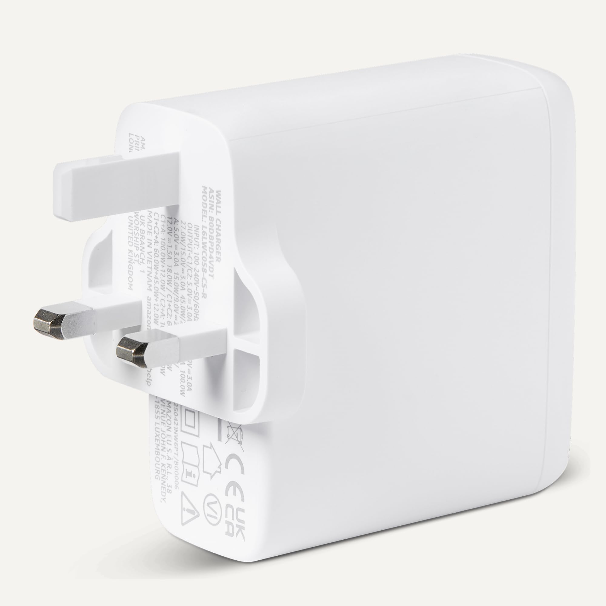 Amazon Basics Fast Charging USB C Nano GaN Wall Charger, 120W 3-Port for Laptops, Tablets, Phones, White — view 4
