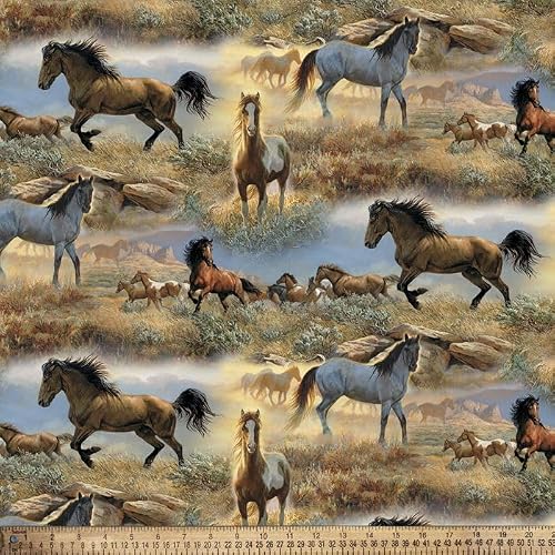 Cotton Horse in The Prairie Horses Stallions Wild Herds Wild West Officially Licensed by David Textiles Multicolor Cotton Fabric Print by The Yard (WW-3060-6C-1MULTI)