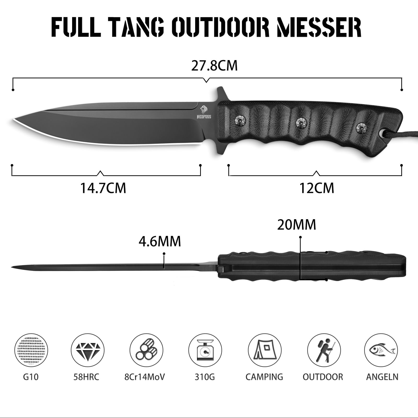 NedFoss Black PHOENIX nóż survivalowy, 15 cm, nóż outdoorowy z uchwytem G10 | Full TANG noże stałe z pochwą Kydex i tytanem, ostre noże myśliwskie na kemping, polowanie, prezent, do kolekcji