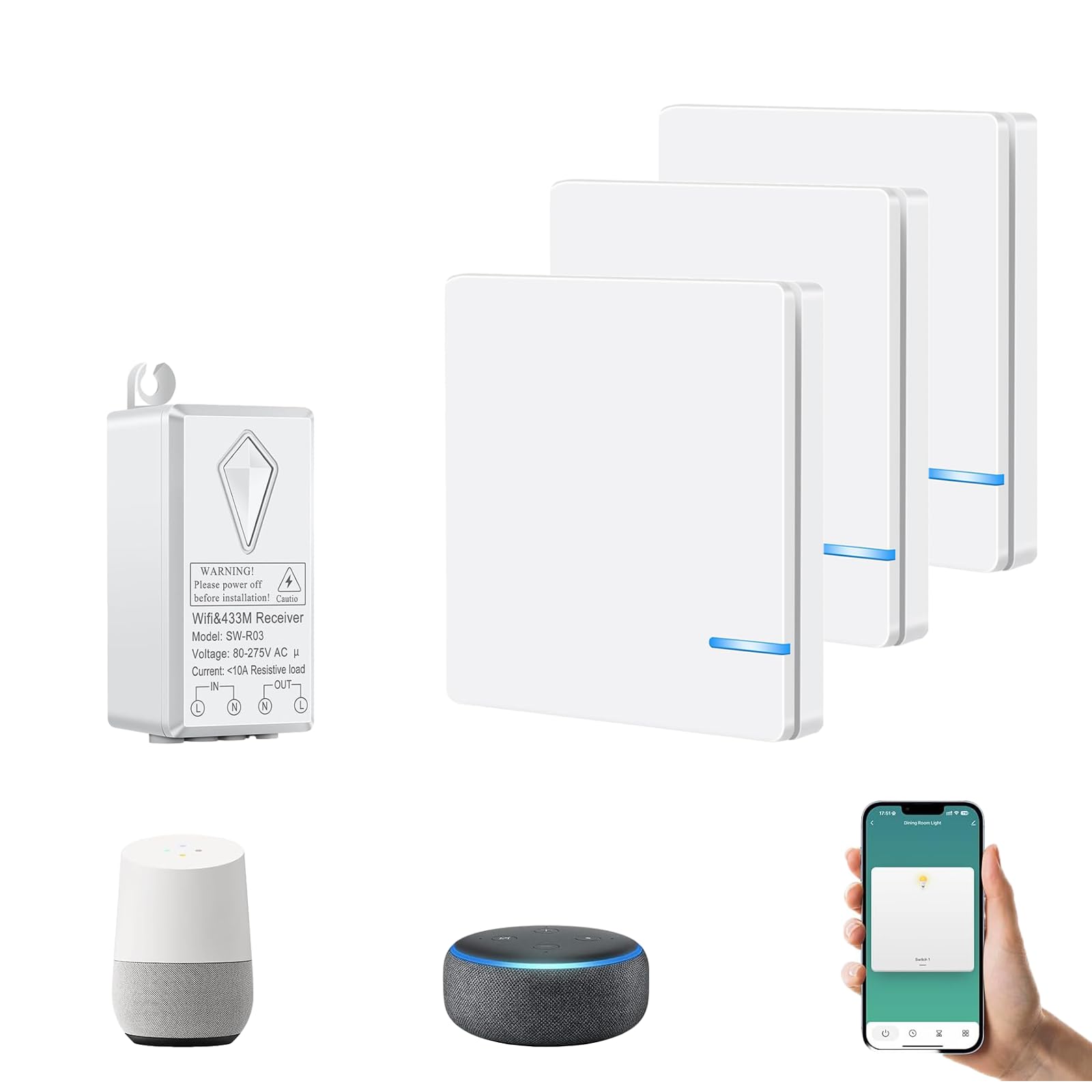 NineLeaf Wireless Smart Light Switch with Receiver,No Wiring Required,Schedule and Timer,Voice Control with Alexa & Google Assistant,Multi-Way Switches for Home Lighting (3 Switch + 1 WIFI Receiver)
