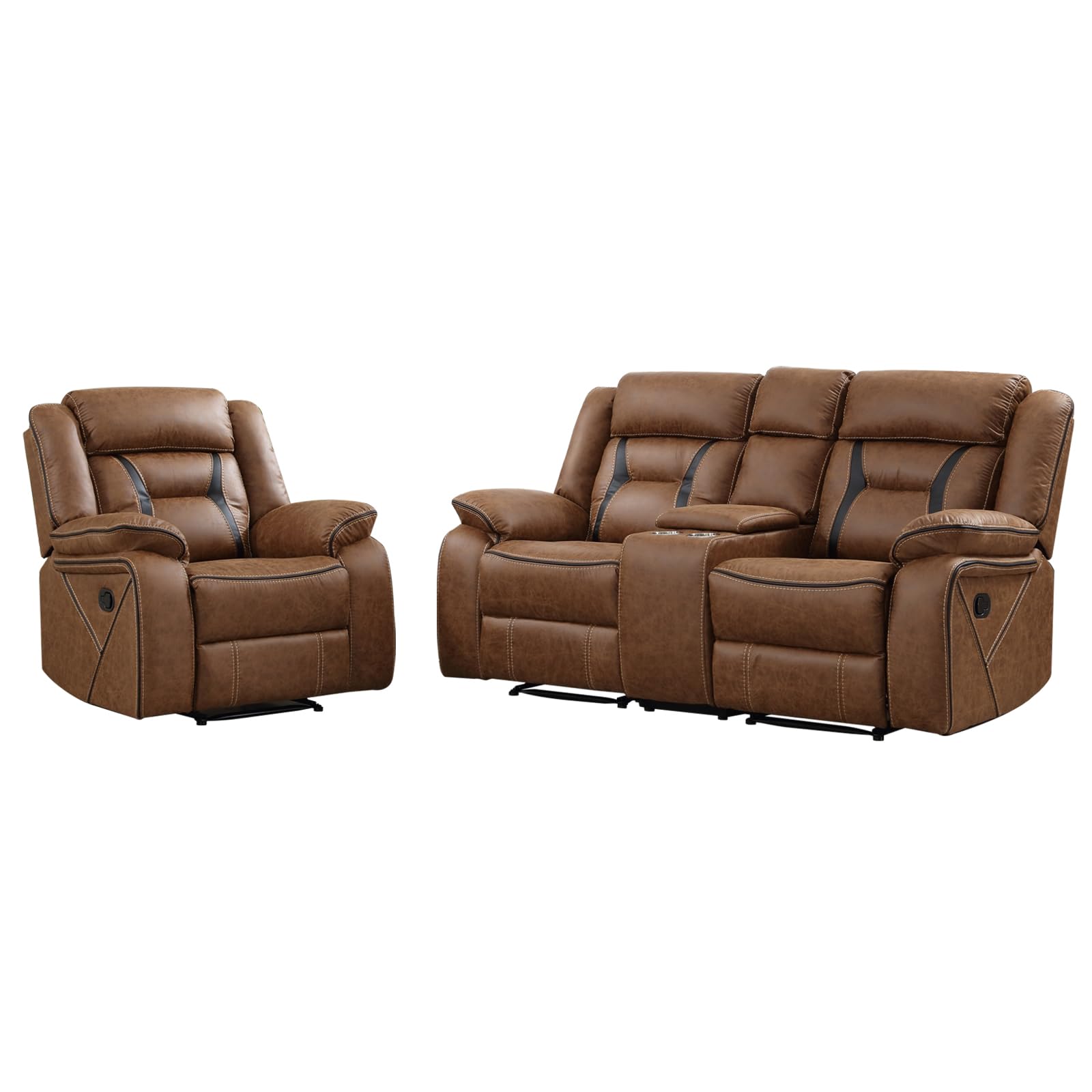 EBELLO Manual Recliner Sofa Set, Faux Leather Reclining Living Room Furniture Set, Included Single Recliner Chair and Manual Loveseat Sofa, Brown view 7