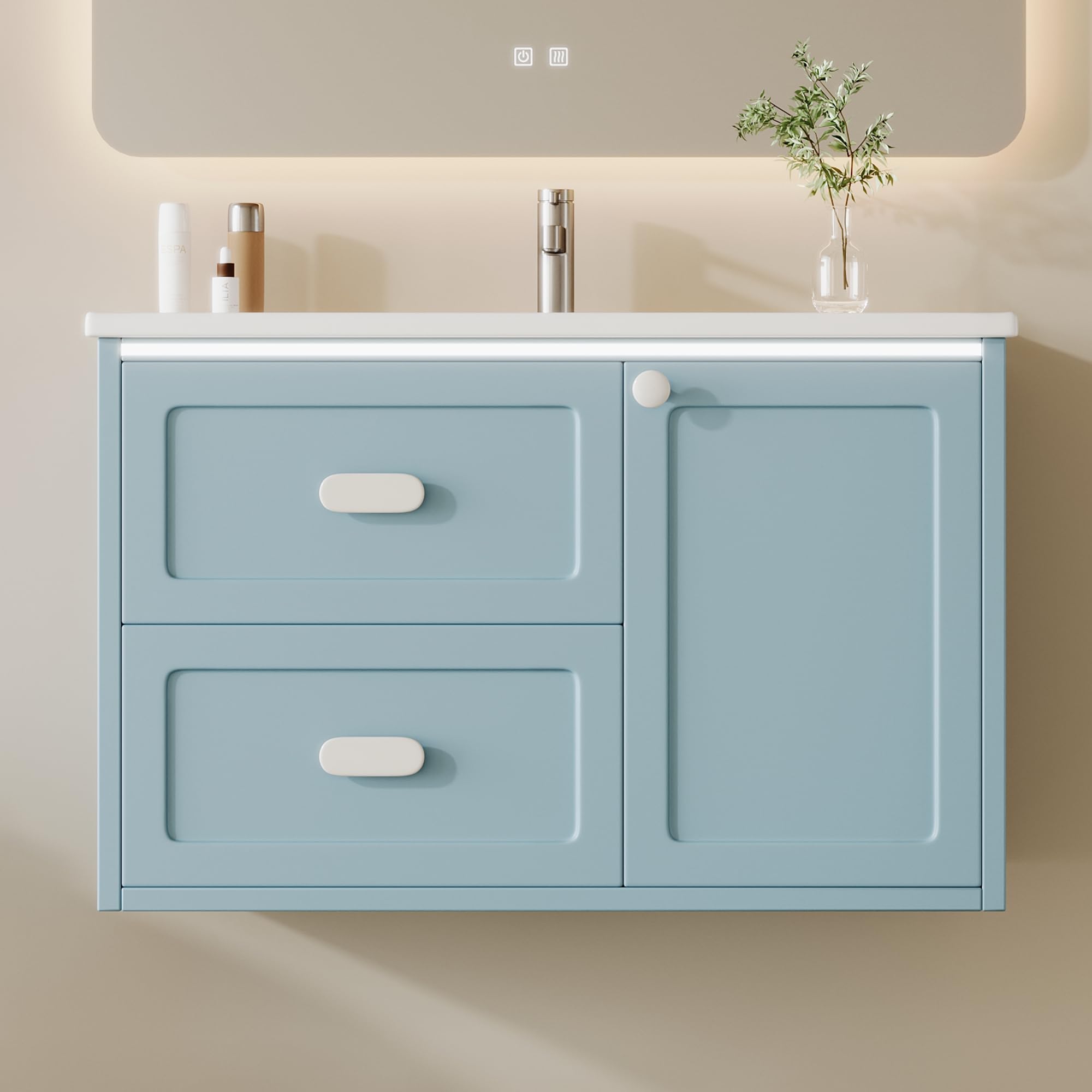 SACOOL 76 x 46 x 51 cm, armadietto sospeso da bagno, completamente laccato, illuminazione a LED con sensore radar, due cassetti, guide scorrevoli silenziose, lavabo integrato, blu