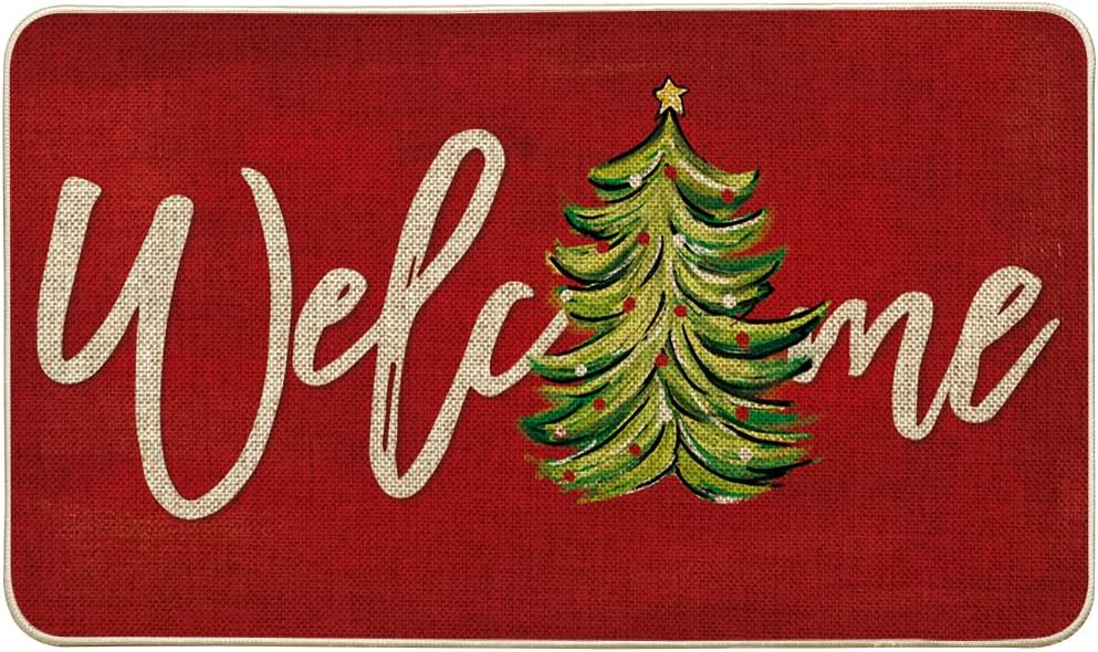 Artoid Mode Red Xmas Tree Christmas Welcome Doormat, Winter Home Decor Low-Profile Switch Rug Door Mat Floor Mat for Indoor Outdoor 17x29 Inch