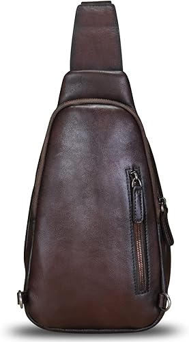 Miniatura 4 de FEIGITOR Bolso bandolera de cuero genuino, mochila cruzada retro hecha a mano, bolsa de pecho para senderismo, ciclismo, riñonera