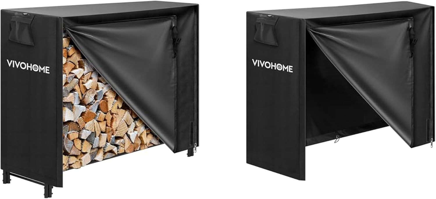 VIVOHOME 4ft Heavy Duty Indoor Outdoor Firewood Storage Log Rack with Cover Combo Set Black and 4ft Outdoor Firewood Storage Cover with Zipper and Hook Loop Tape (Log Rack not Included)