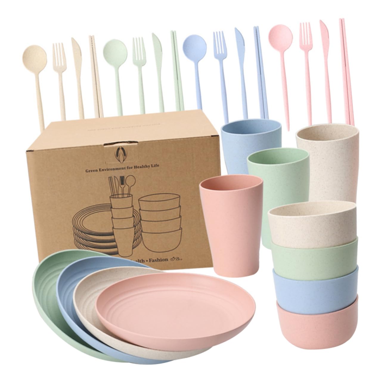 Zerodeko 1 Set 28-piece Tableware Set Delicate Cutlery Wheat Straw Tableware Kit Family Tableware Kit Kitchen Supplies Wheat Straw Plate Kit Kitchen Bowl Household Tableware Cutlery Kit