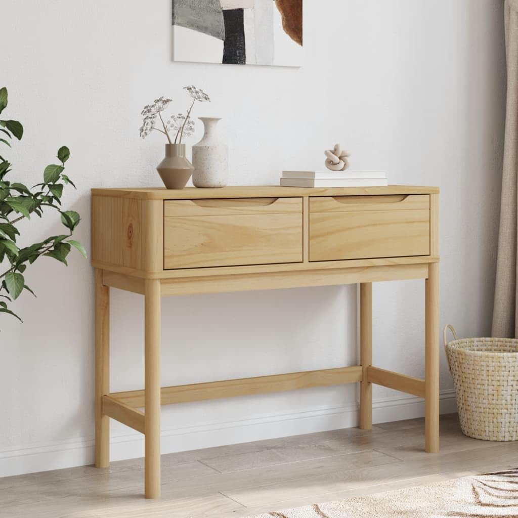 Floro - Tavolo consolle marrone cerato in legno di pino massiccio, 89,5 x 36,5 x 73 cm, con 2 cassetti, tavolino in legno stabile, per soggiorno, corridoio, divano e camera da letto