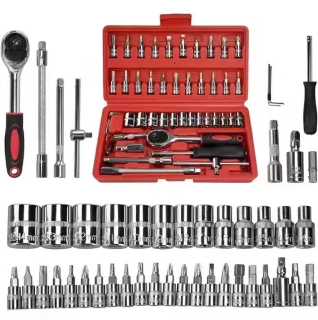 Hand Tool Kit (46 Pcs) Household, 1/4 Drive Socket, Screwdriver Wrench Set For Bike,Car Repairs & More, Spanner & Socket Set, All Size Tool Kit Goti Pana Set|Perfect For Diy Enthusiasts, Red-image-16
