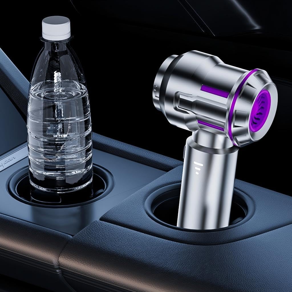 ST-6691Plus vacuum cleaner stored in a car cup holder next to a water bottle.
