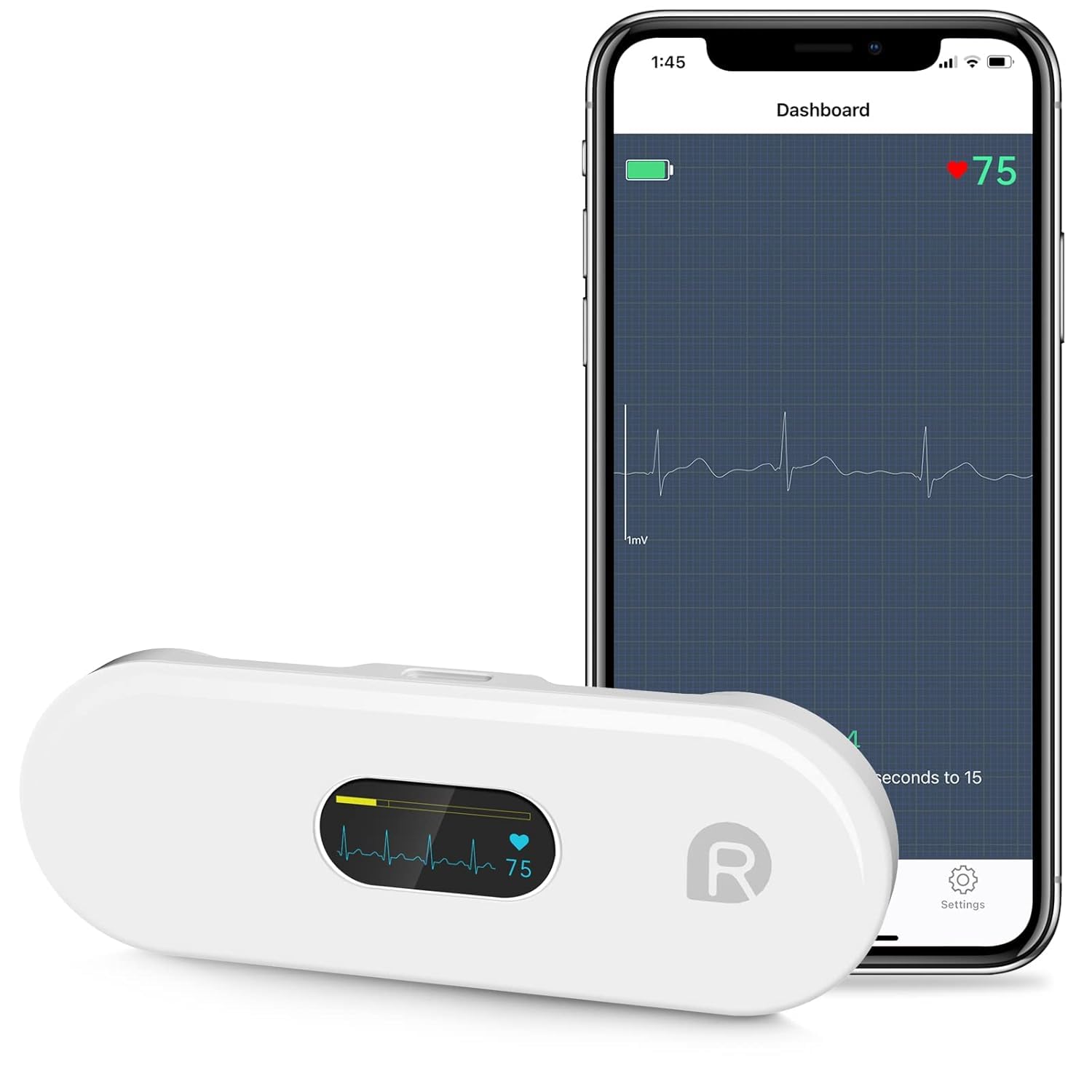 Wellue Mobiles EKG Gerät für Zuhause, Wireless Tragbarer EKG Gerät mit kleinem OLED Display, 30s - 5 Min Überwachung, Herzfrequenz & EKG Messung, kompatibel mit iOS & Android