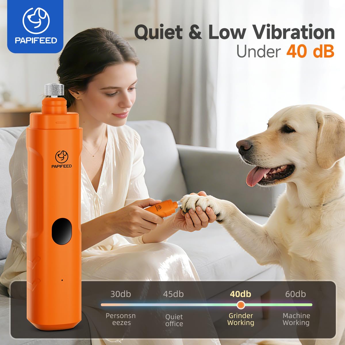 PAPIFEED Dog Nail Grinder with LED Light, Ultra Quiet 3-Speed Electric Nail File for Small Medium Large Dogs & Cats, Rechargeable Pet Nail Grinder with Trimmer (Orange) - image 3