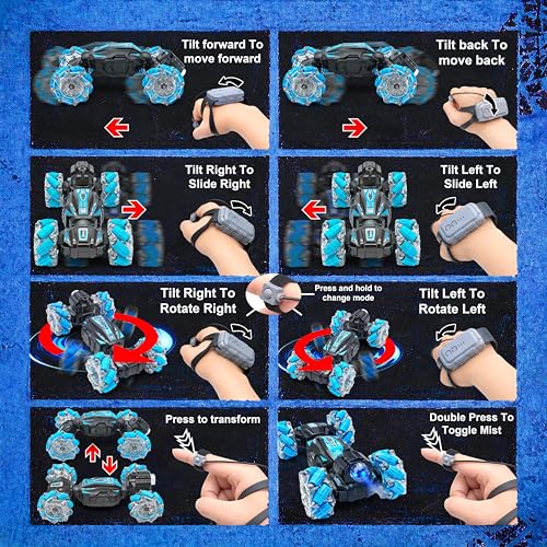 Image of VGRASSP Dual Control Twisting Drift Stunt Mist Car Toy for Kids with Remote Control and Gesture Wrist Controller - Rechargeable 360 Rotating Smoke RC Car Toy with LED Lights, Sound Effects - Blue