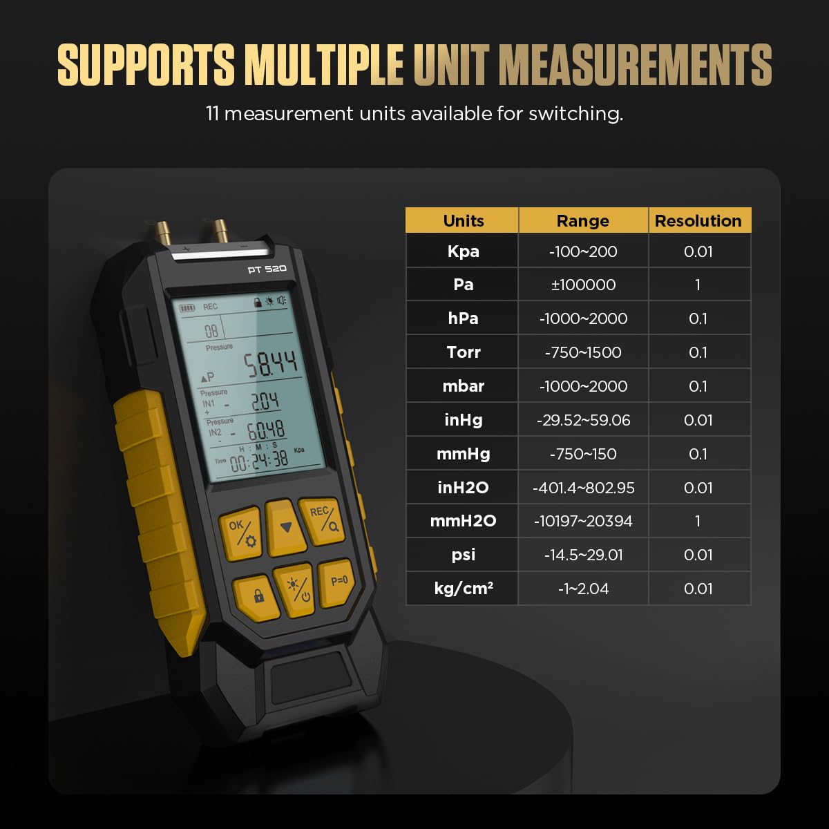 Manómetro digital PT520 Manómetros diferenciales de doble entrada Manómetro HVAC portátil con varios adaptadores, 11 mediciones, 29 capacidad de almacenamiento -100~200Kpa Pantalla LCD
