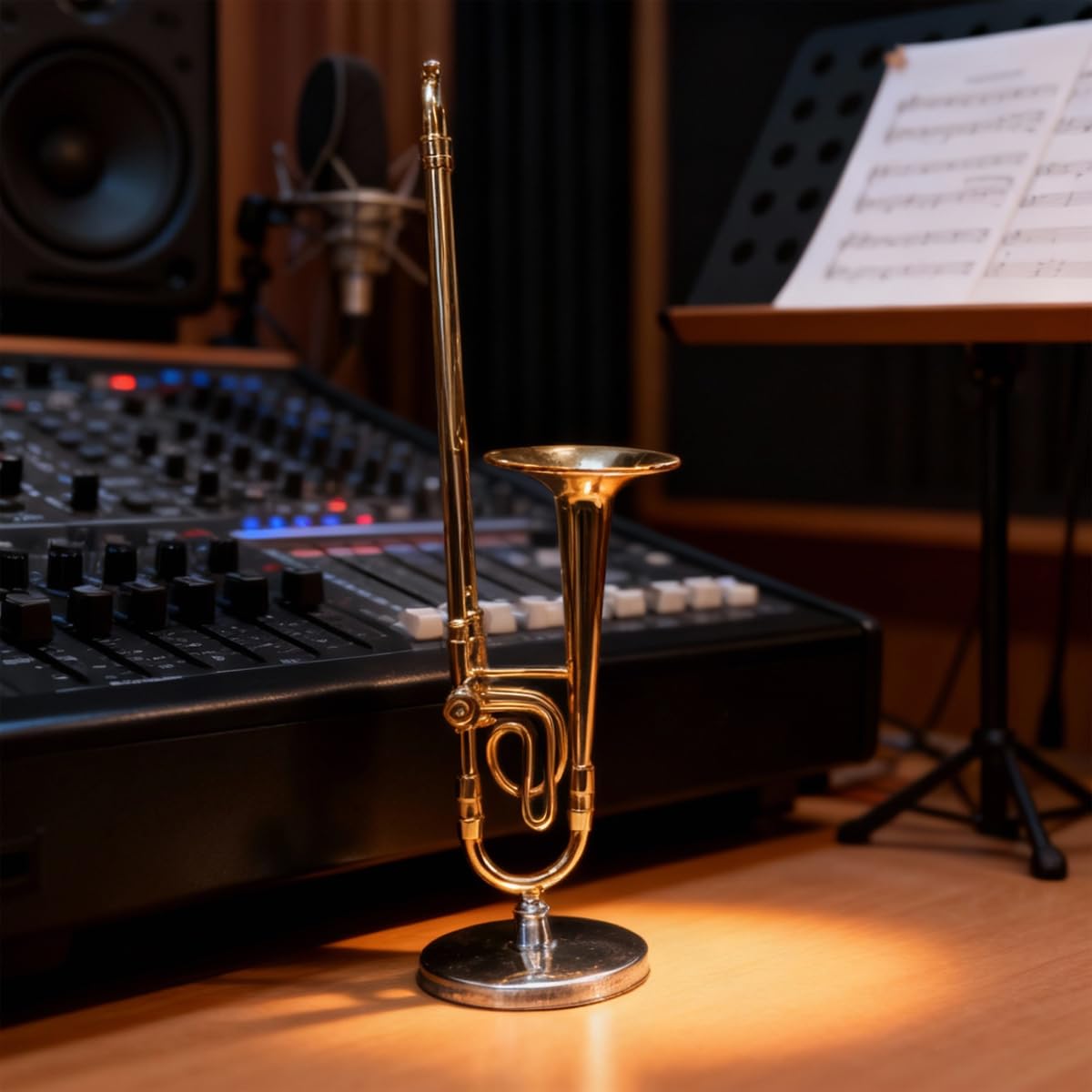 Réplica de trombón en miniatura con soporte y estuche, instrumento chapado en oro, réplica de trombón de saxofón en miniatura chapado en oro de 14 cm.