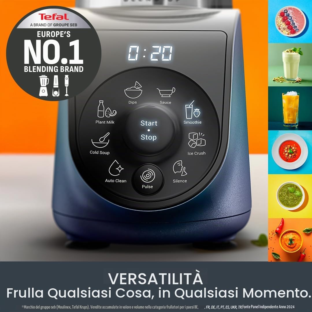 Tefal Blend Up Potente mini frullatore, modalità silenziosa, 1000 W, 8 preset automatici, programma di pulizia automatica, bottiglie On the Go BL19H4G0, blu boreale