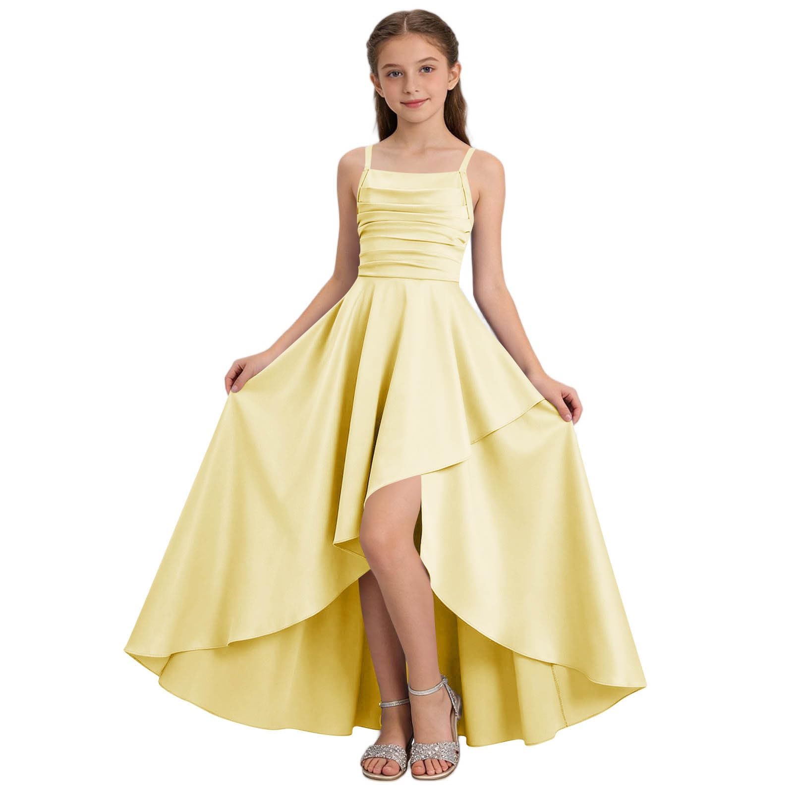 Robe de soirée pour Fille Élégante Robe de Bal Promo Courte Devant Longue Derriere Satin Robes ado d'été Sans Manches Épaules Dénudées Princesse Robes Trapèze Mariage Fête Danse Anniversaire 3-14 Ans