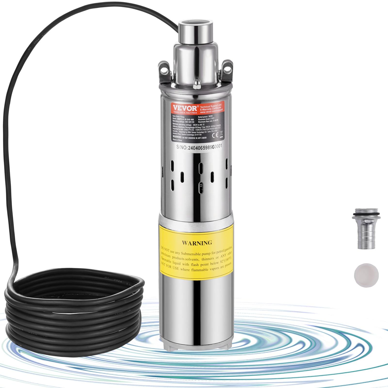 VEVOR Pompa Sommergibile Solare 369 W Pompa Sommergibile per Pozzi Profondi 48 V CC Portata 1,9 m³/h Prevalenza Massima 83,29 m Immersione Massima 20 m Irrigazione di Pascolo, Abbeveraggio Bestiame