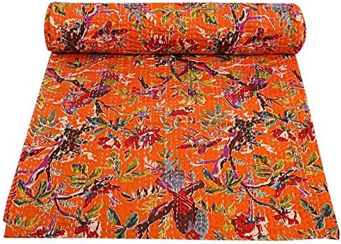 Indian Kantha Embroidered Kantha Size Kantha Bedspread, Throw, Indian Print Handmade Blanket, Bird Reversible King Size Quilt