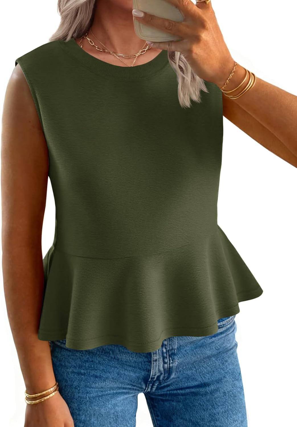 Tankaneo Womens Summer Tank Tops Sleeveless Ribbed Knit Babydoll Peplum Tops Work Business Casual Shirts Blouses