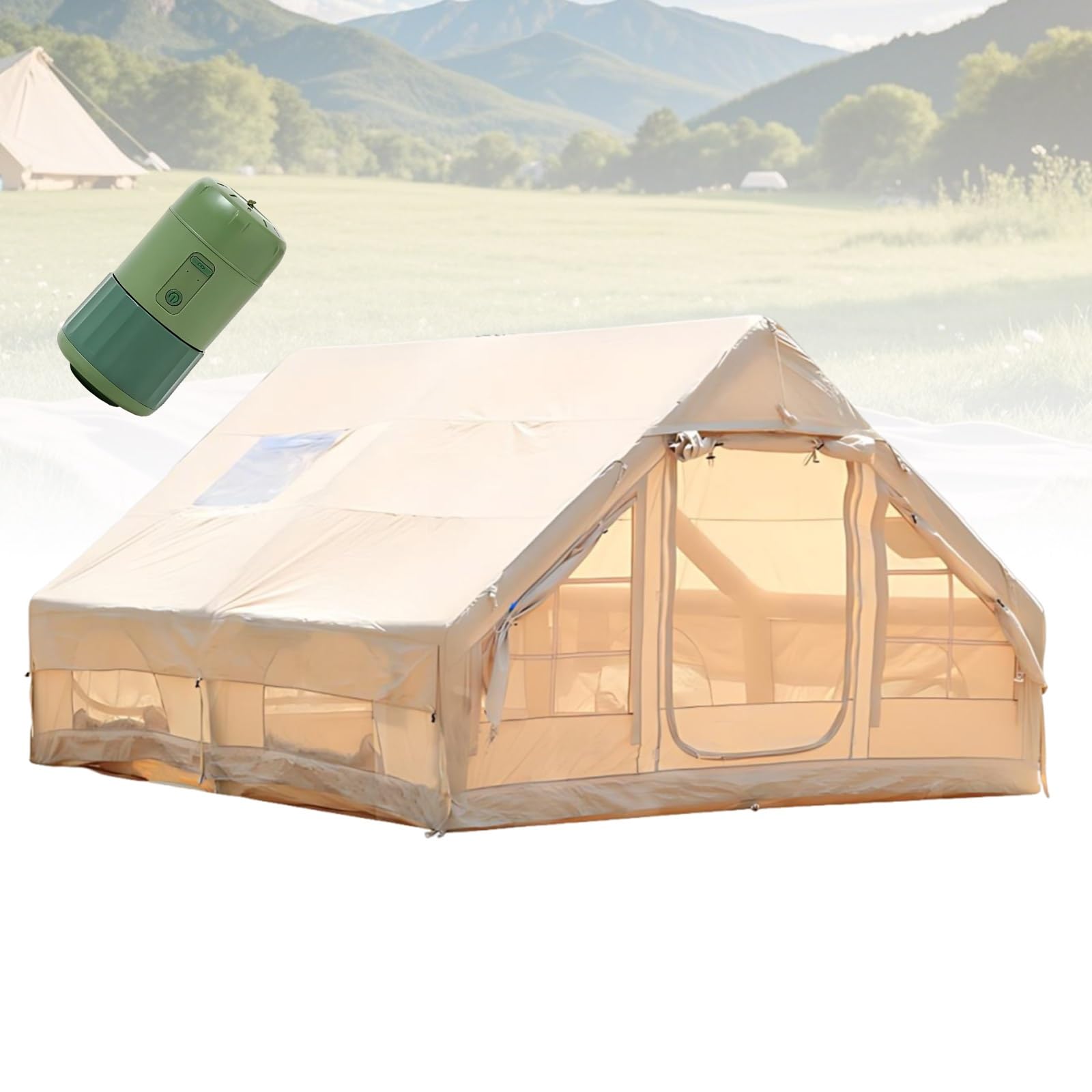 Tente Gonflable Camping 4-8 Personnes, Grande Tente Familiale avec Pompe Électrique, Tente Glamping 4 Saisons avec Jack de Poêle, Abri Extérieur Résistant à la Pluie